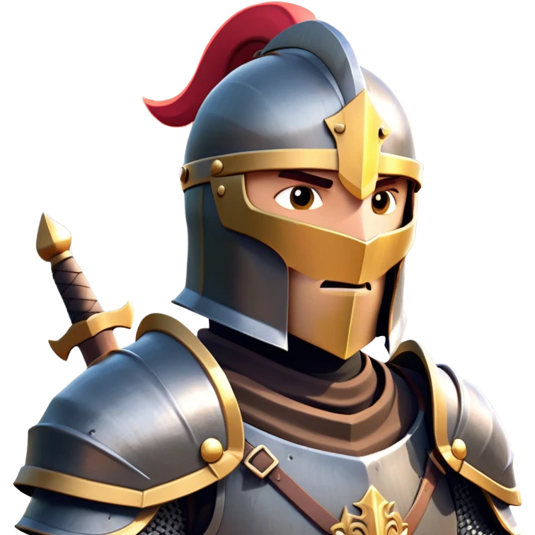 clash-of-clans-aesthetic_-cinematic-fearsome-and-majestic-knight-bust-portrait-emoji, rendered in a flat, vector-style with minimal shading and bold, simplified shapes, depicting a battle-ready medieval knight with steely eyes and intricate armor, mounted riding on a black warhorse reflecting sunlight over a misty battlefield. emoji