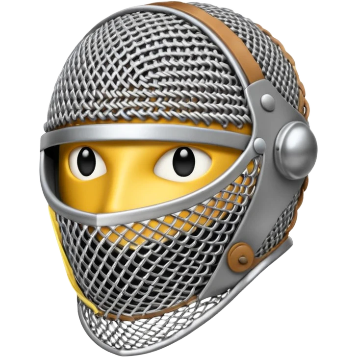 3D render oFencing Mask, made of interlocking chainmail metal rings, wire mesh texture, visible holes and negative space, metallic silver and grey, high contrast shadows, emoji style, isolated on white background --v 6.0. emoji