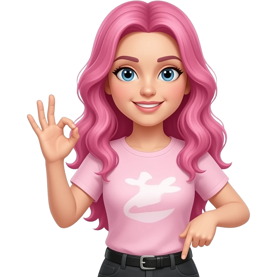 MUJER ALTERNATIVA CUERPO COMPLETO DICIENDO ok CON UNA MANO Y SEÑALANDO ABAJO CON LA OTRA MANO CON CABELLO ROSADO emoji