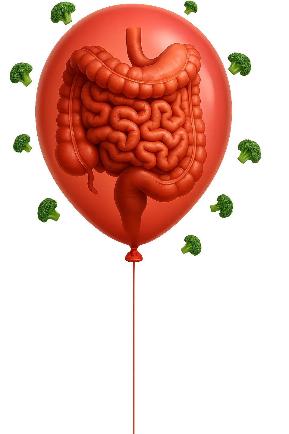 palloncino con intestino umano anatomico all'interno, attorno al quale fluttuano dei broccoletti, iperrealistico 4k emoji