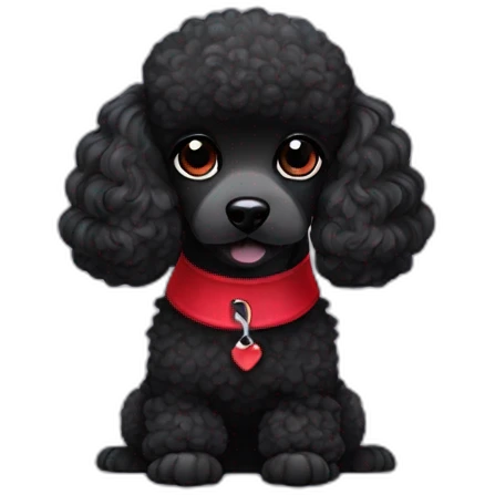 A cute tiny black poodle with black eyes and red collar emoji