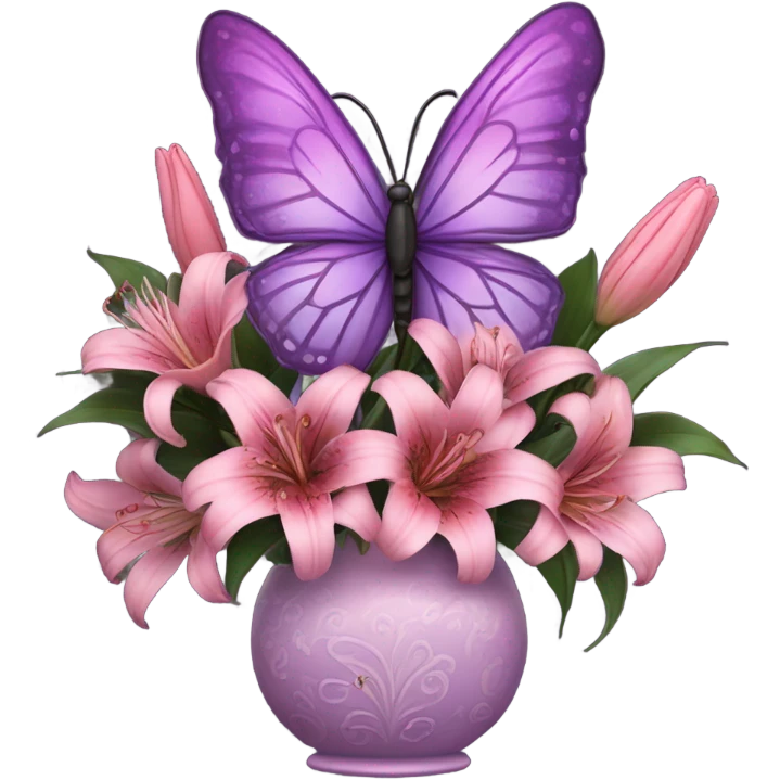 Aesthetic butterfly with purple and pink wings sitting on a dark purple bouquet of Lilies in a pastel pink vase emoji