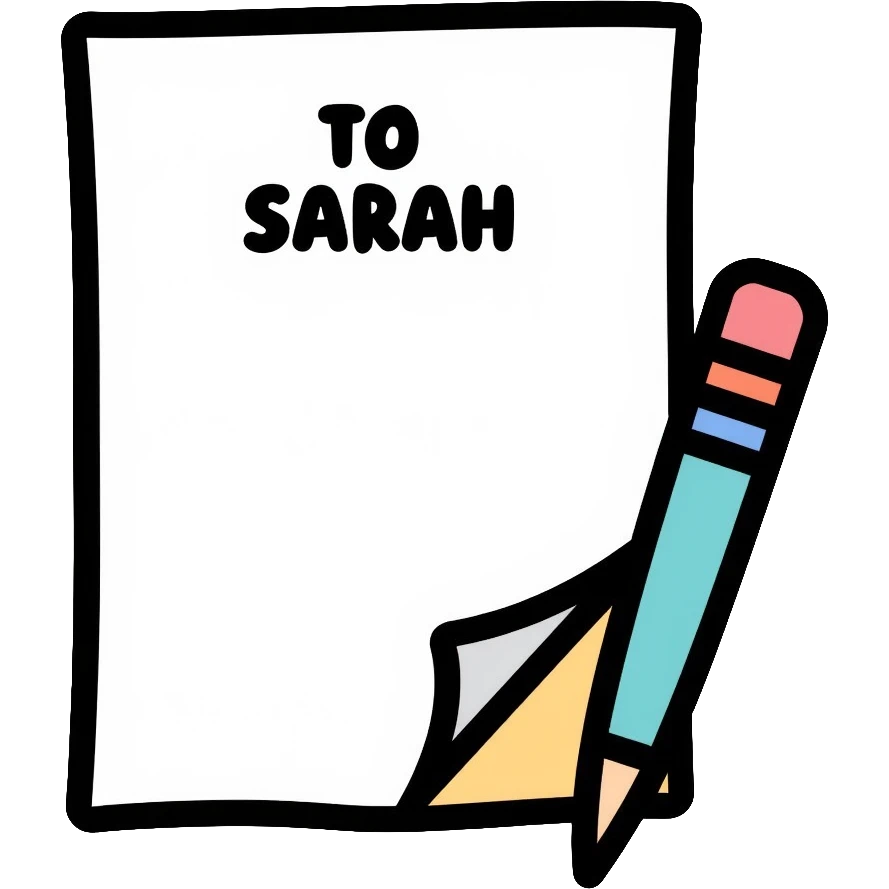a paper letter with "TO SARAH" text written at the top of the letter, with a pen lying next to it emoji