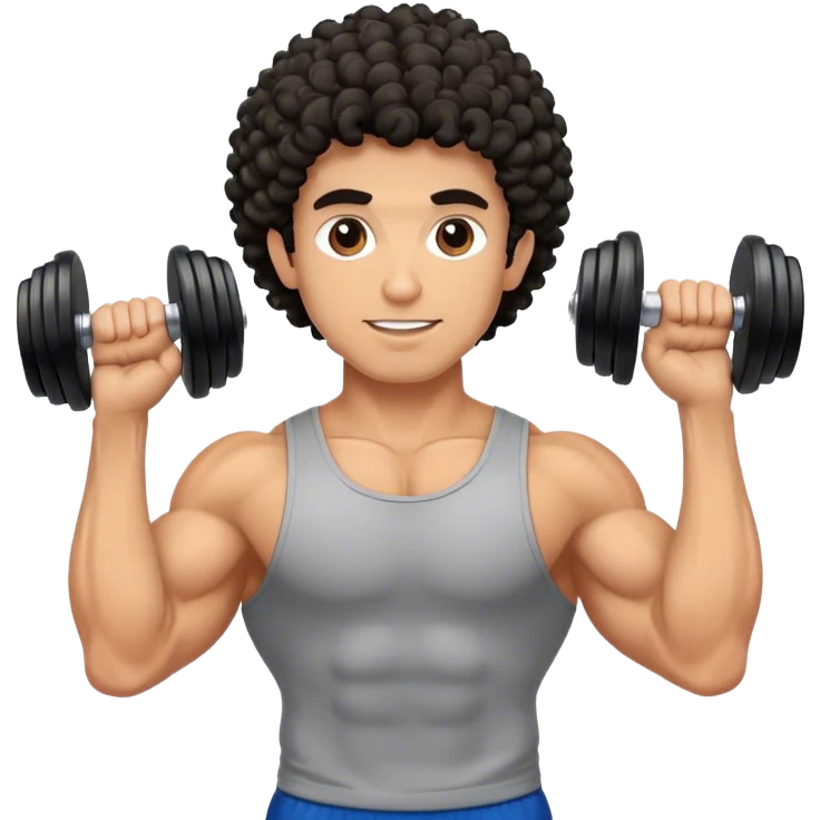 caucasian black haired curly gym guy with dumbells emoji