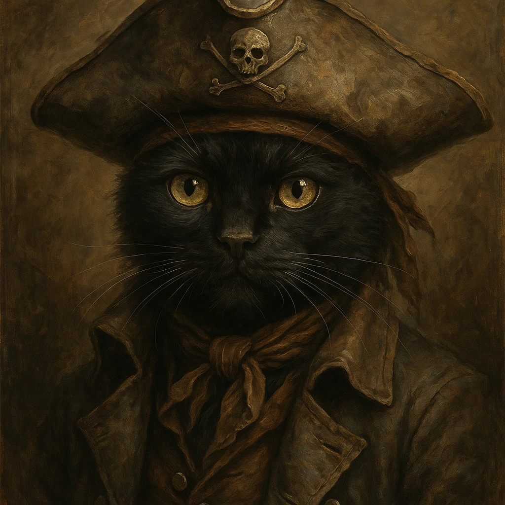 black cat with a pirate hat, style 1, detailed, artistic emoji