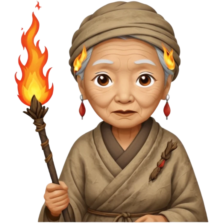 ancient asian old woman, tattered leaf cloth, hold fire stick emoji