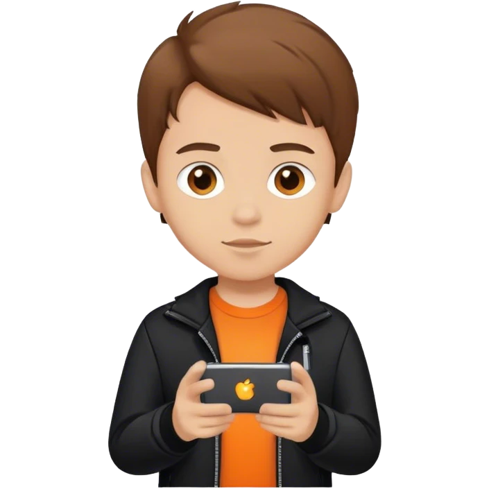 Boy with brown hair with tech in hand, orange t shirt and black jacket emoji