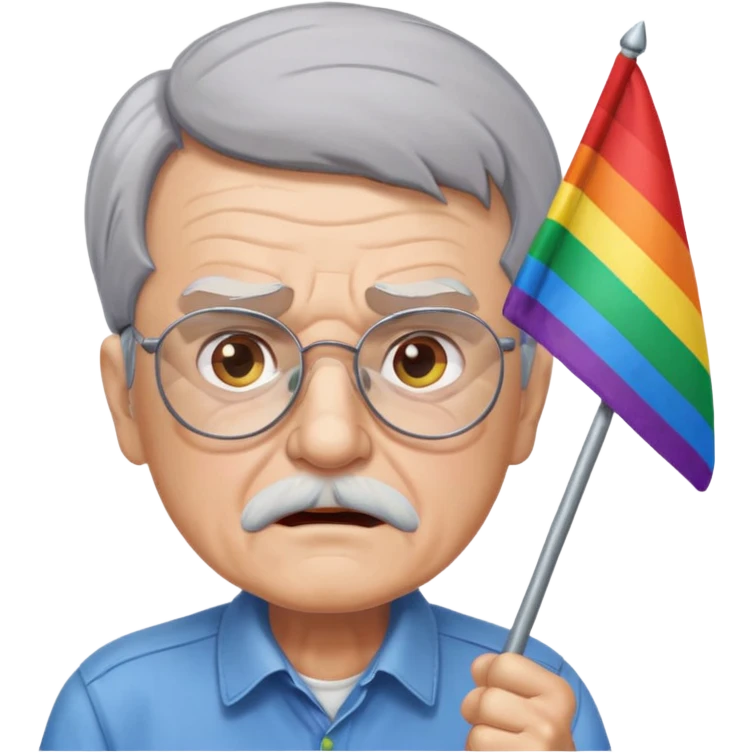 make old old man like 80 with gray hair and fur has HUGE EYE brows and glasses and is always mad and gay holding the rainbow flag emoji