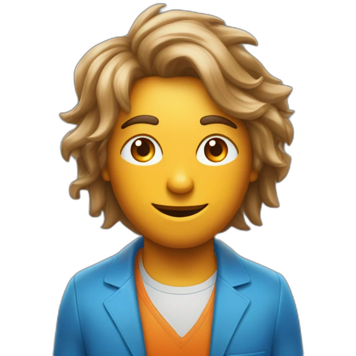 Un mec bronzée, avec des cheveux bleu et orange moutard. Sur la joue des symboles doré. Des cornes de bélier orange moutard emoji