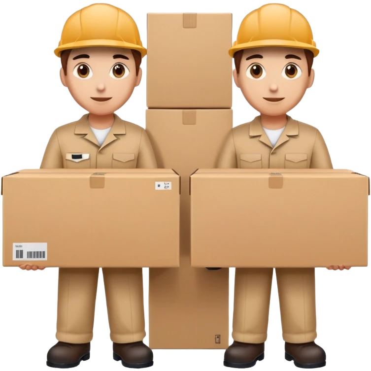 two suppliers standing together holding a big box, both wearing caps and work uniforms emoji