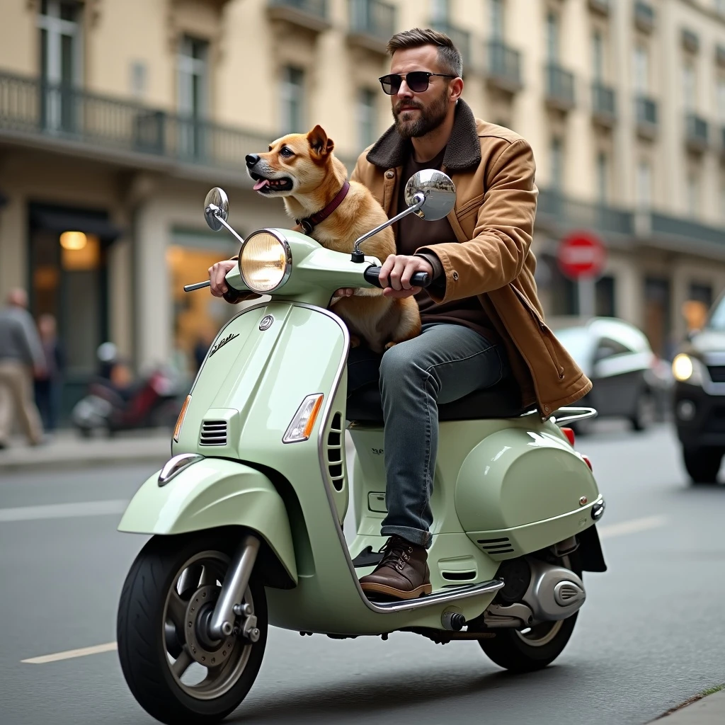 man and his pet dog riding a vespa emoji