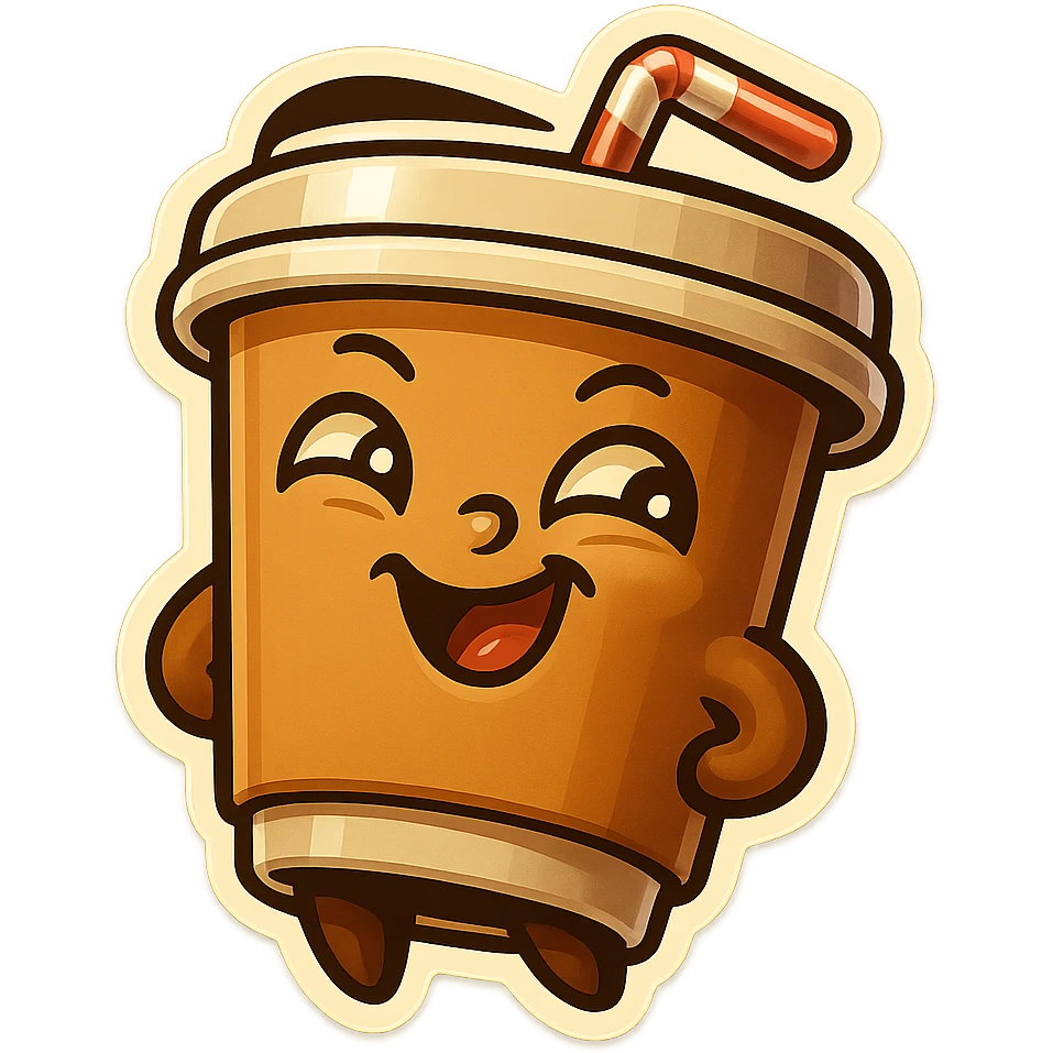 Tall coffee cup, amused, giggling, mischievous, drinking coffee with straw, looking sideways emoji