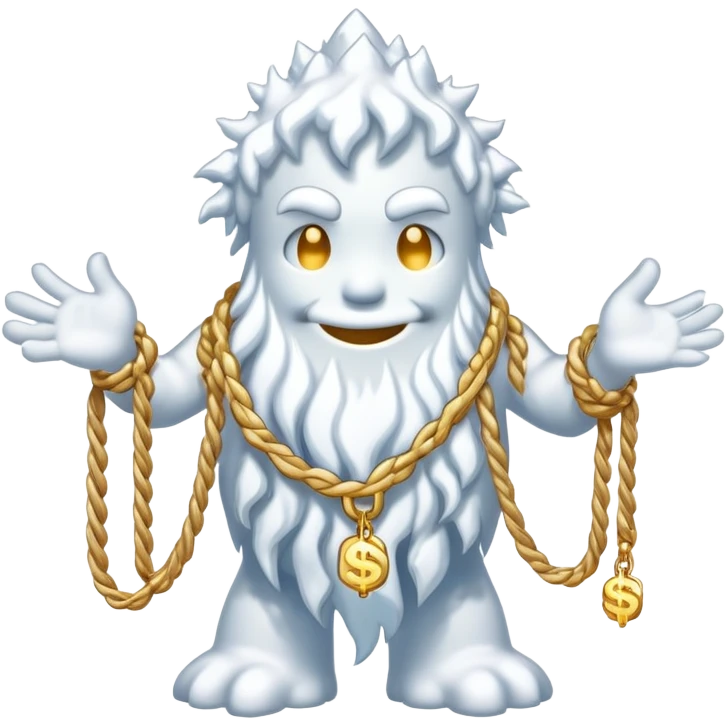 Snow elemental shaped more like a human—think tall, jointed limbs, maybe even facial expressions made of snow flaunting money wearing gold rope chain emoji