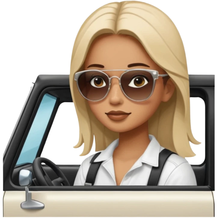 make the jeep white color, show a 45 degree angle and the girl giving a side look emoji