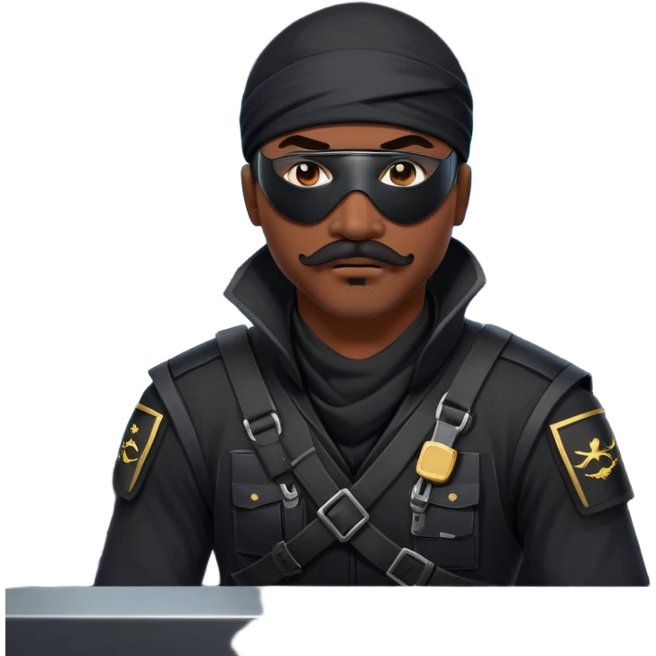 african-american mustache mercenary black asymmetrical eyepatch ninja hacker terminal command center emoji