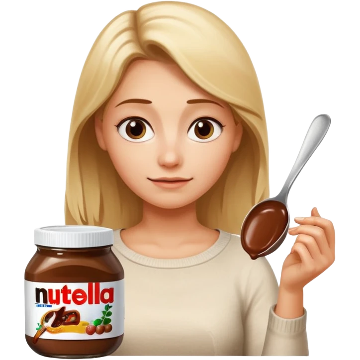 Nutella with a spoon. The glas of Nutella is almost empty . Only the one carriage of Nutella. Next to the Nutella is the head of a blond woman who is looking forward to eat the Nutella  emoji