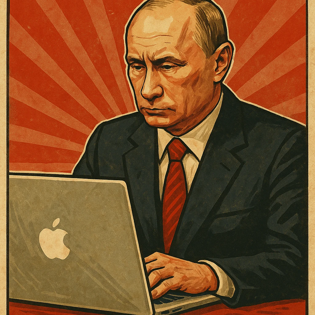 Vladimir Putin working on a MacBook in a vintage propaganda poster style emoji