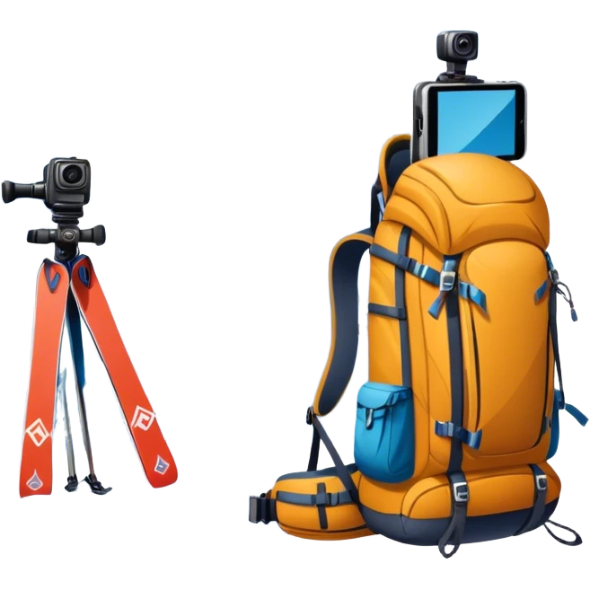 Icon for Mountain Tourism: a snow-covered peak in the distance, with skis, a snowboard, climbing gear, a backpack, and a camera. The icon should represent the adventure and exploration of mountain landscapes. Transparent background. emoji