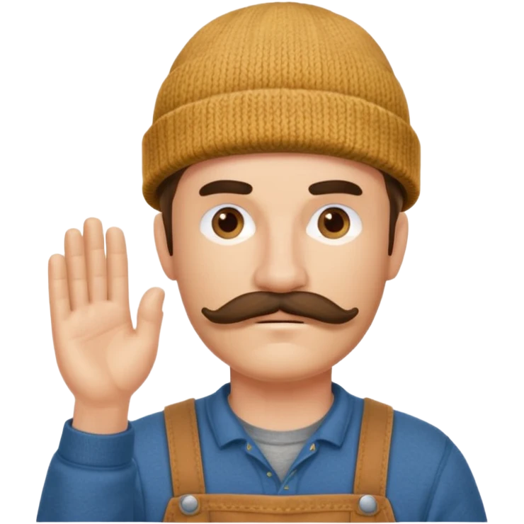 Woodworker thick mustache knit cap Carharttk shirt hand raised above head emoji