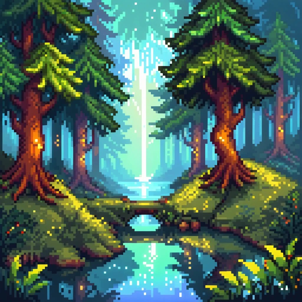 Magical forest with glowing trees and a hidden lake emoji
