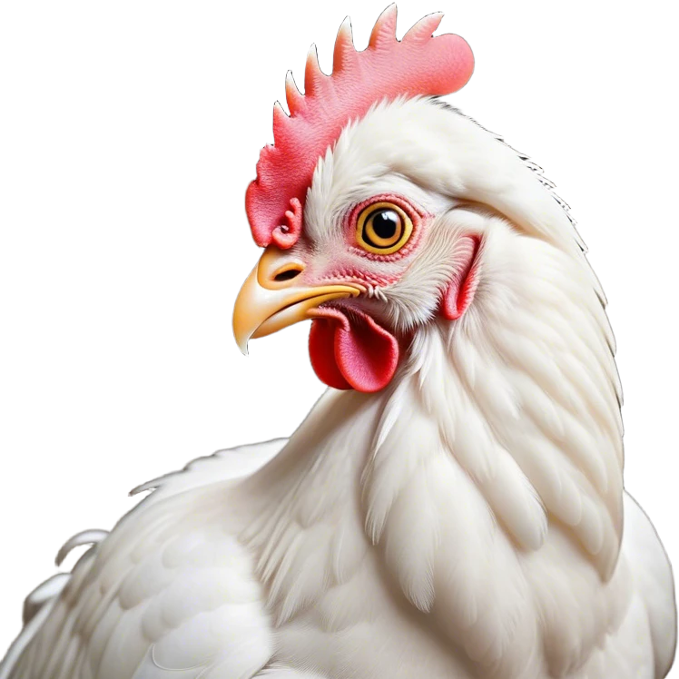 Cinematic Noble White Chicken Portrait Emoji, Poised and regal, with a compact, sturdy build and a pristine, well-groomed pure white plumage, deep-set soulful beady eyes, Simplified yet sharp and sophisticated features, highly detailed, glowing with a soft, dignified glow, high shine, intelligent and alert, stylized with an air of barnyard elegance, focused and attentive, soft glowing outline, capturing the essence of a watchful and confident fowl, so majestic it feels as though it could strut out of the screen with effortless authority! emoji