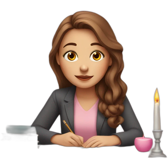 white girl with brown hair lights pink candles and studies at her desk emoji