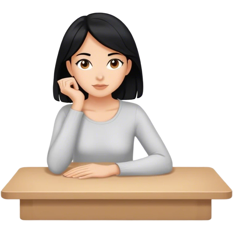 white girl black hair sitting with hands flat on table side view emoji