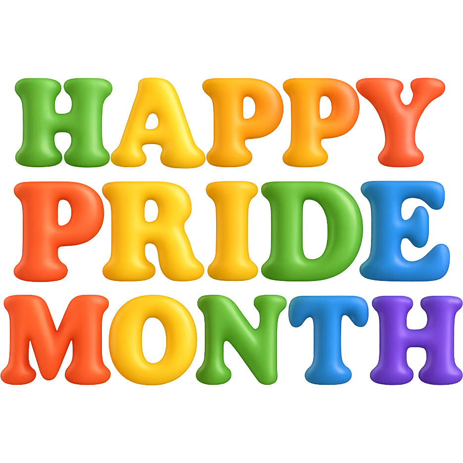 Remove the heart and keep only the 'Happy Pride Month' text in the same bold, colorful font with a transparent background, preserving the style and colors of the original image. emoji