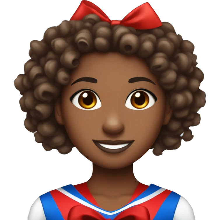 Brown skin cheerleader with a curly half up half down hairstyle with a red bow , holding one blue pom and one red pom , red skirt and white long sleeve shirt. emoji