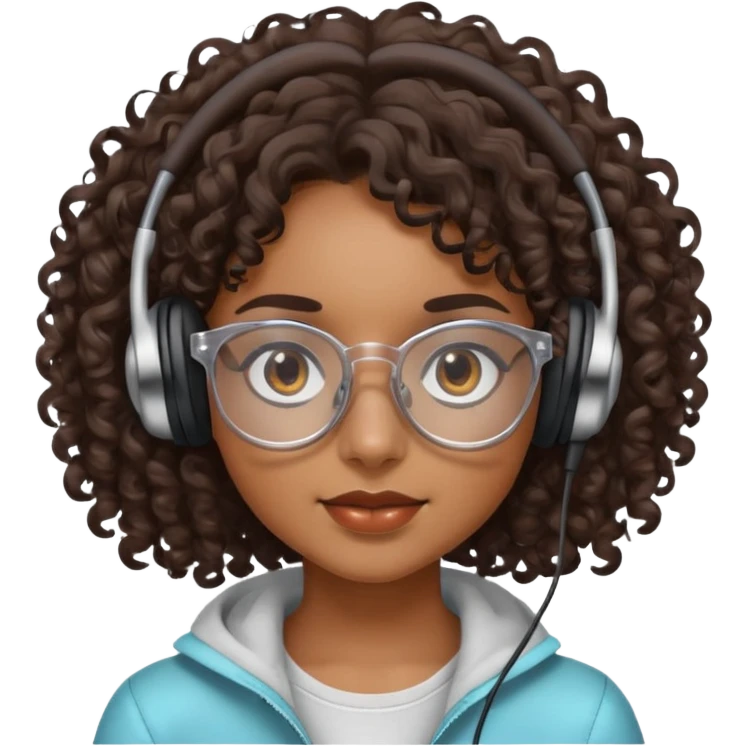 Chica morena con cabello crespo, con lentes transparentes y que tenga los ojos cafés oscuro. Y con unos audífonos en las manos. emoji