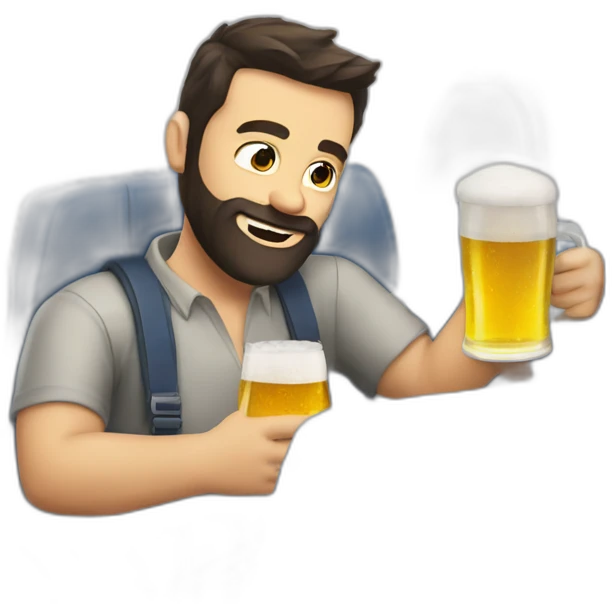 Dark hair beard man drinking beer riding a plane emoji