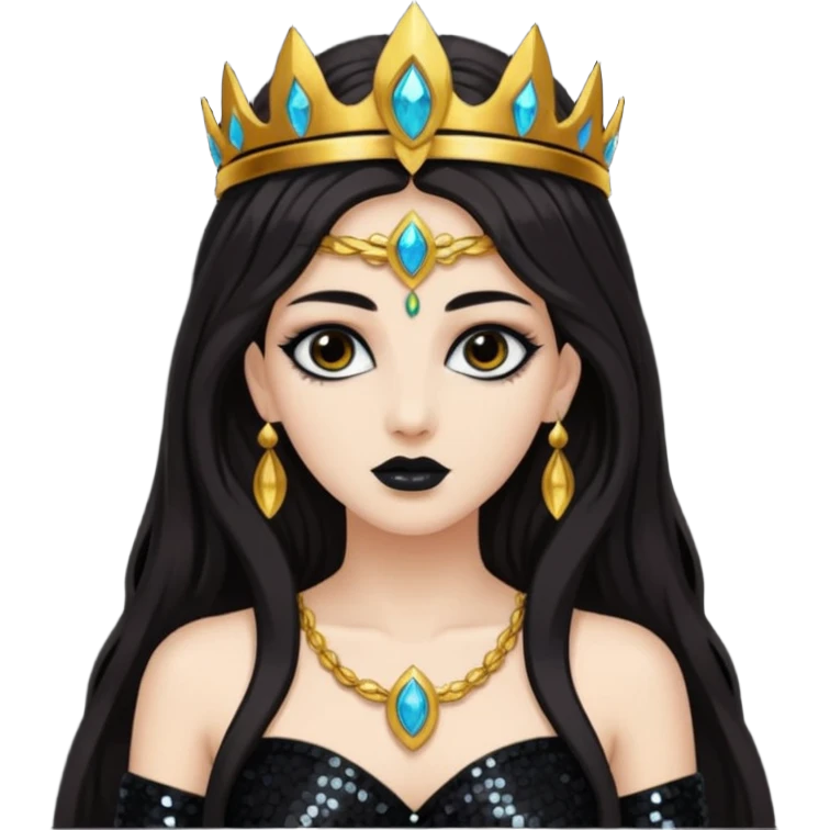 Libera, Goddess of Death from Gods and Goddesses with long dark brown hair, black sequin outfit emoji