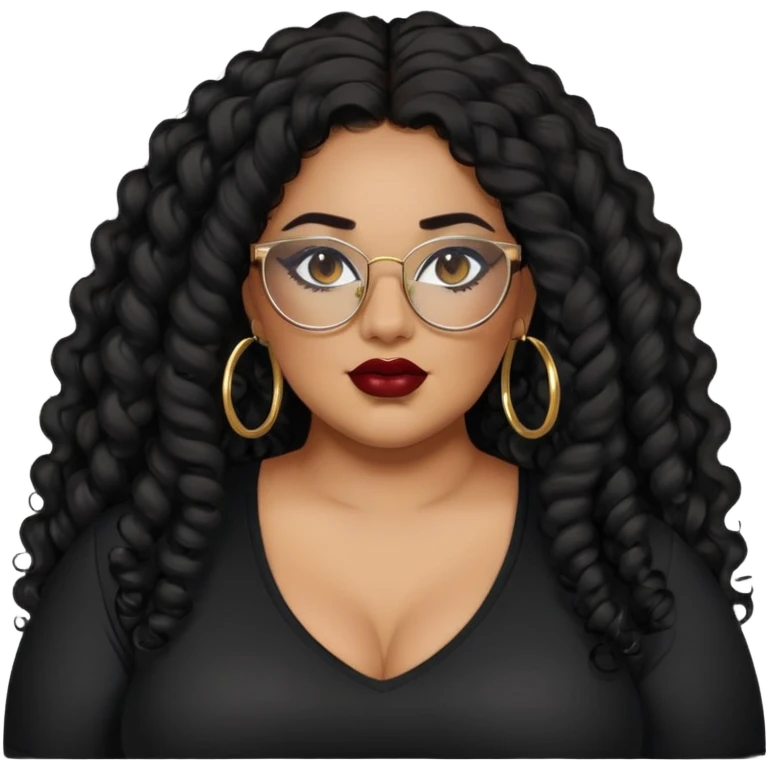 big plus size, latina, darker tan skin, gold hoops, long black curly hair, baddie,pretty, makeup, dark red lipgloss, black eyeliner, long hair, black shirt, black glasses emoji