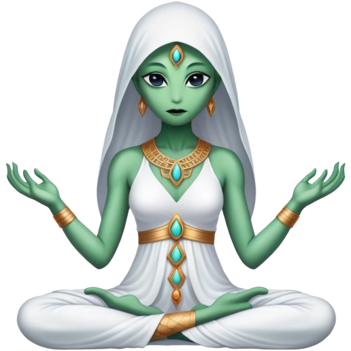a Reptilian alien woman,in meditation, white dress like a priestess emoji
