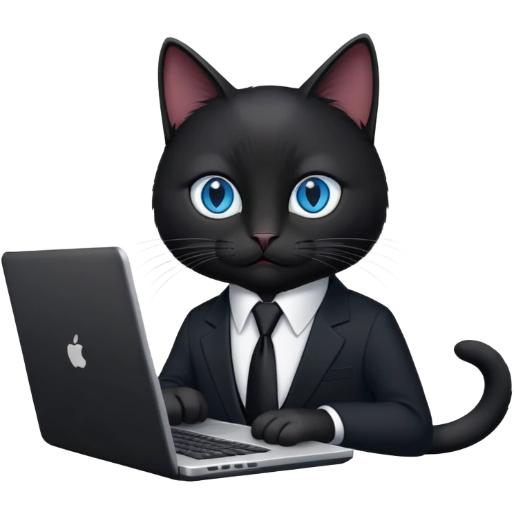 black cat with blue eyes in a black suit with black tie and laptop emoji