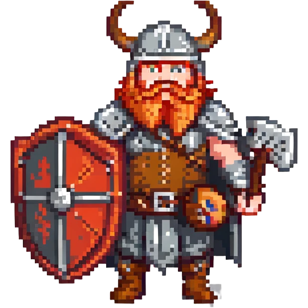 Norwegian Viking with red beard and helmet with horns. Holds a round shield with Norwegian pattern emoji
