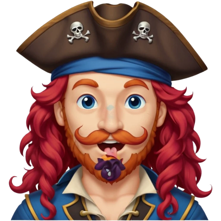 pirate with long curly red hair, blue eyes, strong nose and a chin dimple winking and licking his mouth seductively, no facial hair emoji