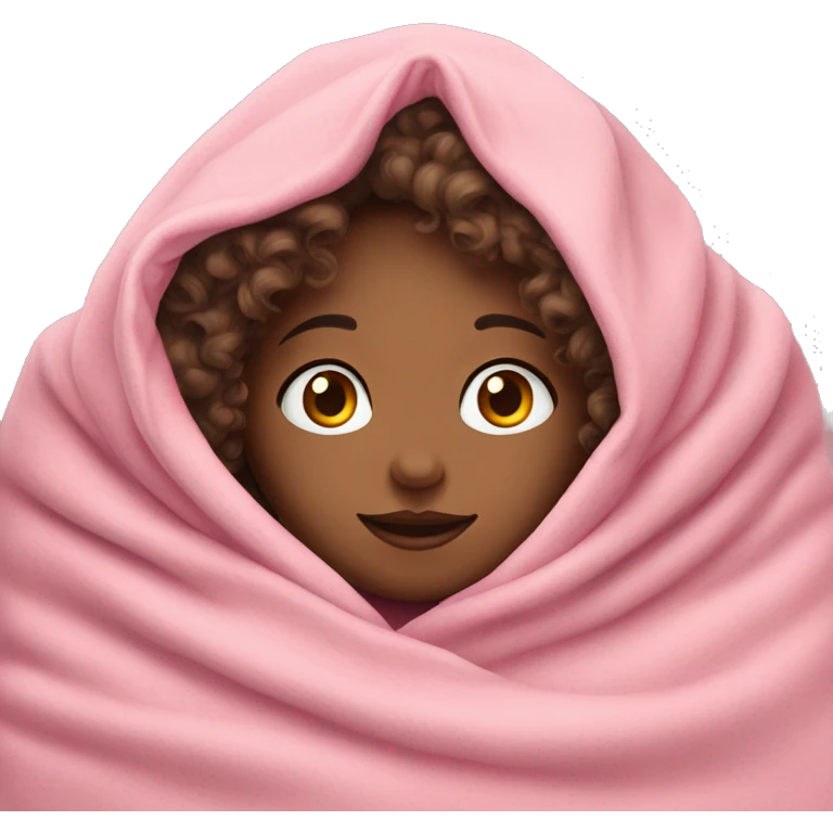 girl with curly hair and fair skin cozied in a pink blanket emoji