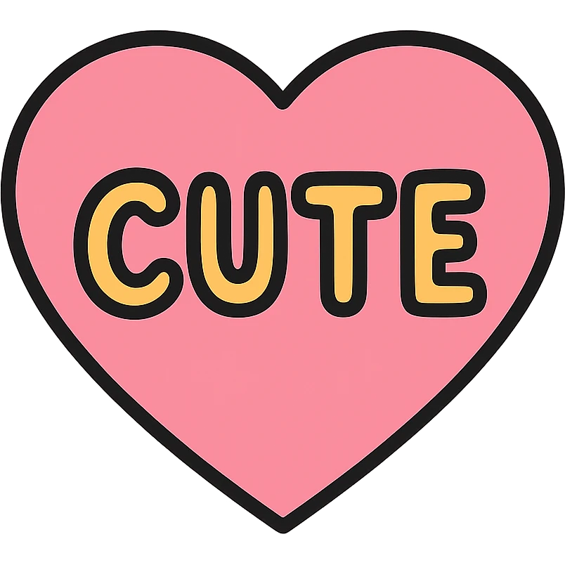 pink heart with the word CUTE in playful font, color outline icon style emoji