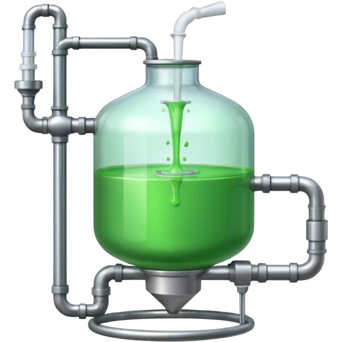 industrial chemical tank, filled with green liquid, with a stirrer, inlet and outlet pipes emoji