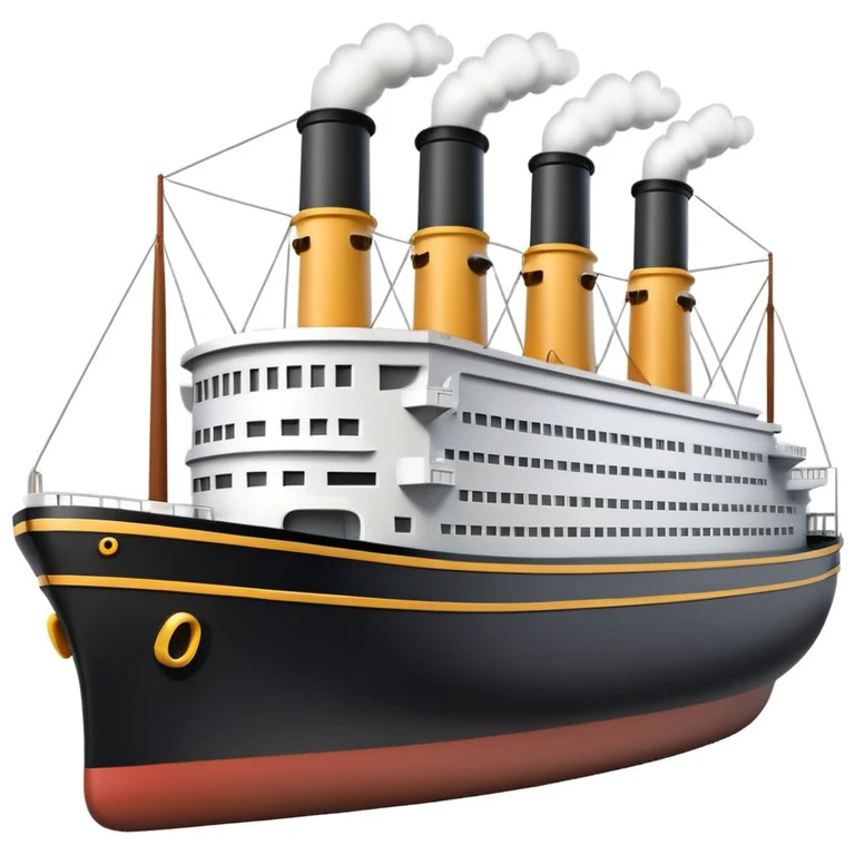3D Apple-style emoji of the Titanic ship with simplified shapes, cartoon-like look, glossy finish, soft shadows, white background, featuring four smokestacks, black hull, and white upper decks, recognizable key features emoji