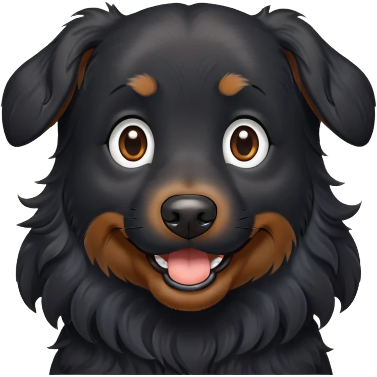 black dog with wavy hair, white chest, happy expression emoji
