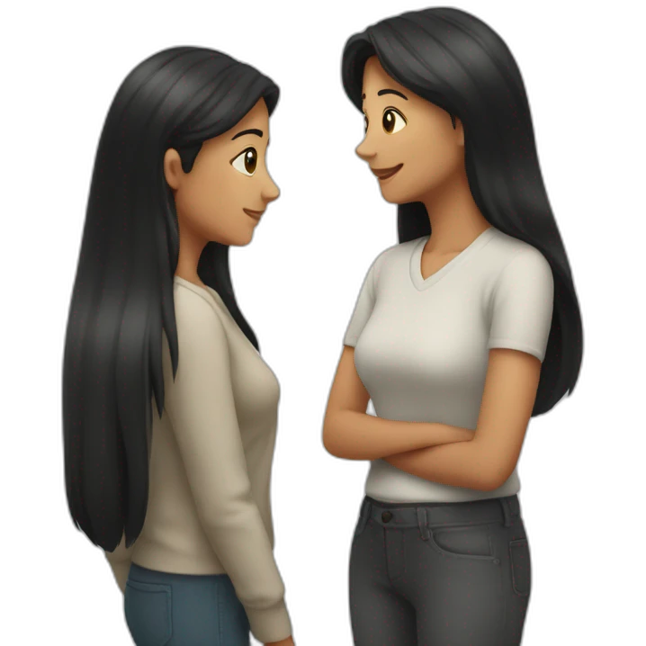 2 women standing talking, an older one receiving advice from a younger one with black long hair emoji