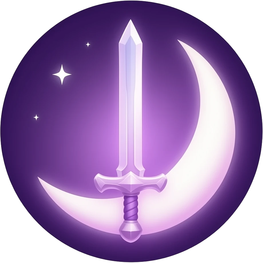 Glowing dark purple detailed crescent moon with an elegant detailed glowing transparent sword, emoji style. Soft violet and pink glow, minimal clean design, smooth edges, subtle lighting, centered, high contrast, emoji