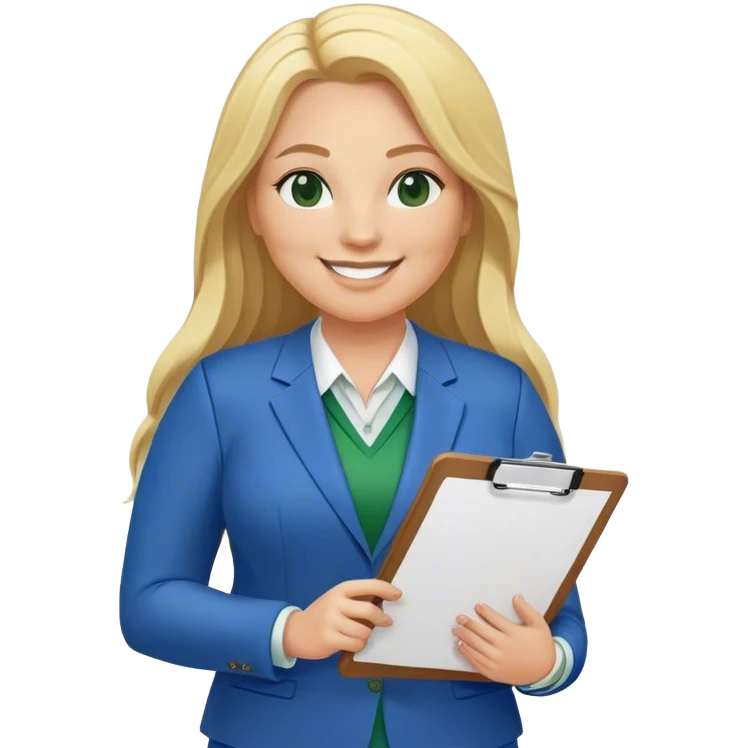 Full Body white plus size female basketball head coach with long blonde hair in a blue and green suit smiling holding clipboard emoji