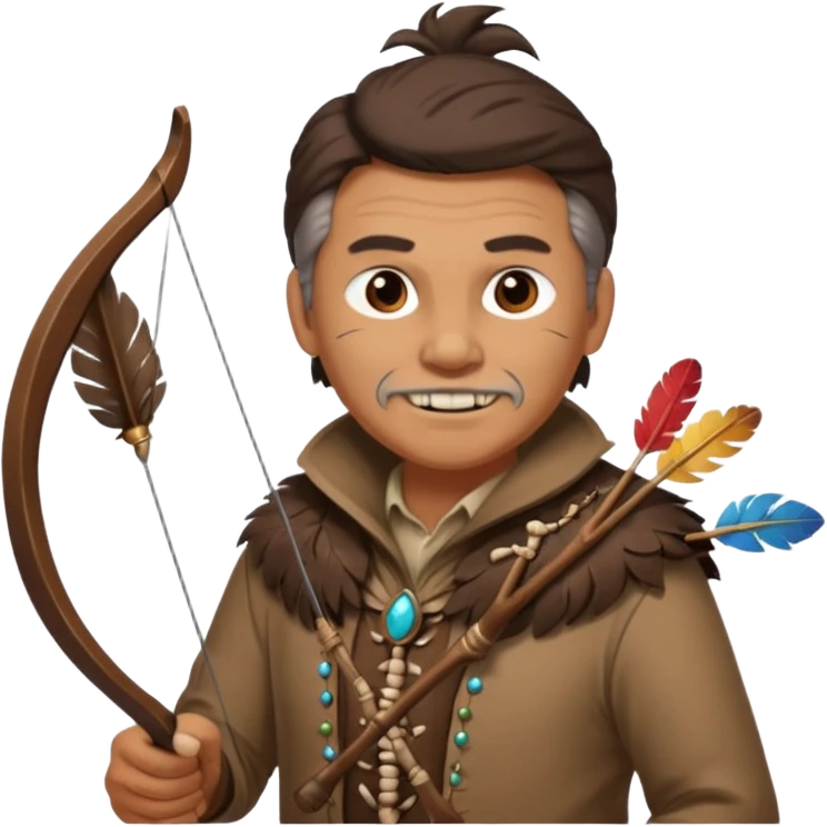 The classic image of a middle-aged uncle hunter carrying a bow, dressed in brown clothes, with some ornaments made of feathers, bones or teeth on his body. emoji