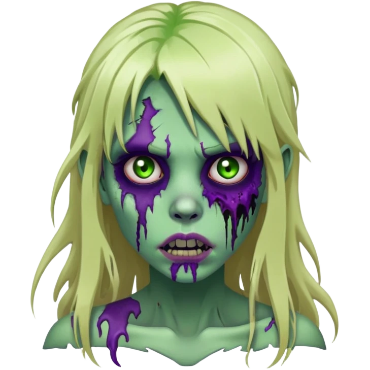 undead zombie girl with rotting green skin, purple bruises, messy long blonde hair with bangs, cracked lips emoji