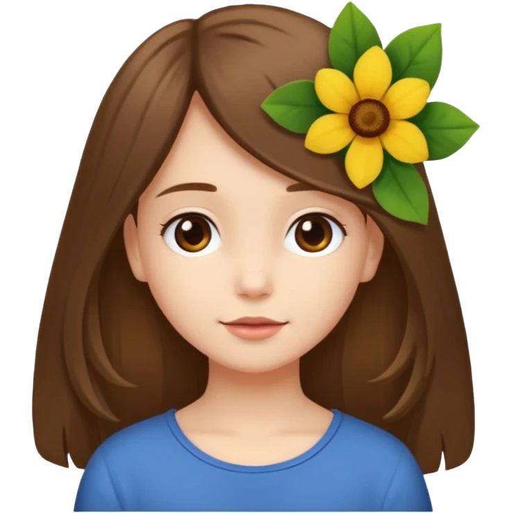 Ein braunhaariges Mädchen (glatte Haare ) mit einen Blume hinter dem ohr lange haare zur Seite kuckend Blume hinter dem rechten Ohr so das man es sieht zur Seite schauend emoji