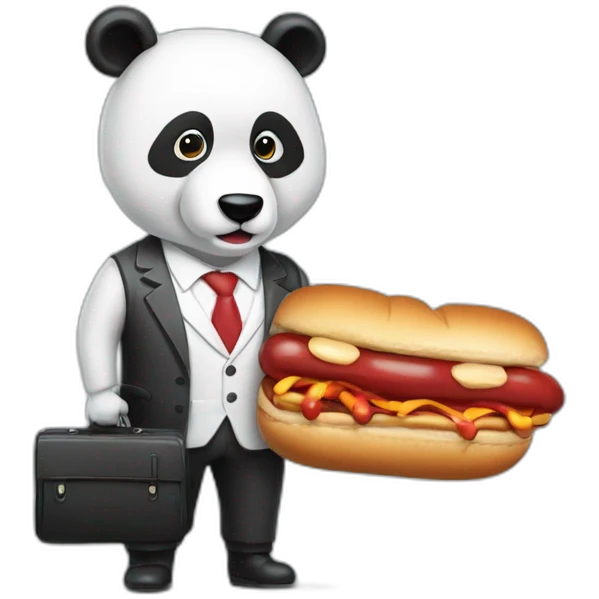 A professor with white suit and red tie and a panda face eating a hotdog and holding a black suitcase emoji