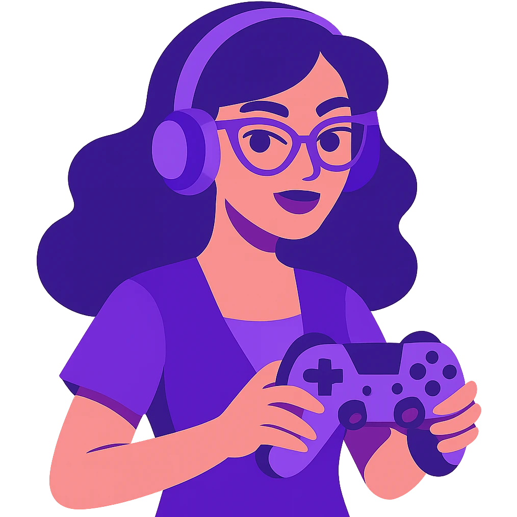 a stylish lady gamer with headphones holding a game controller, color palette of purple and lilac, modern and appealing emoji
